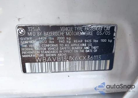 2006 BMW 325I I из США, поврежденный, VIN WBAVB135X6KX36113